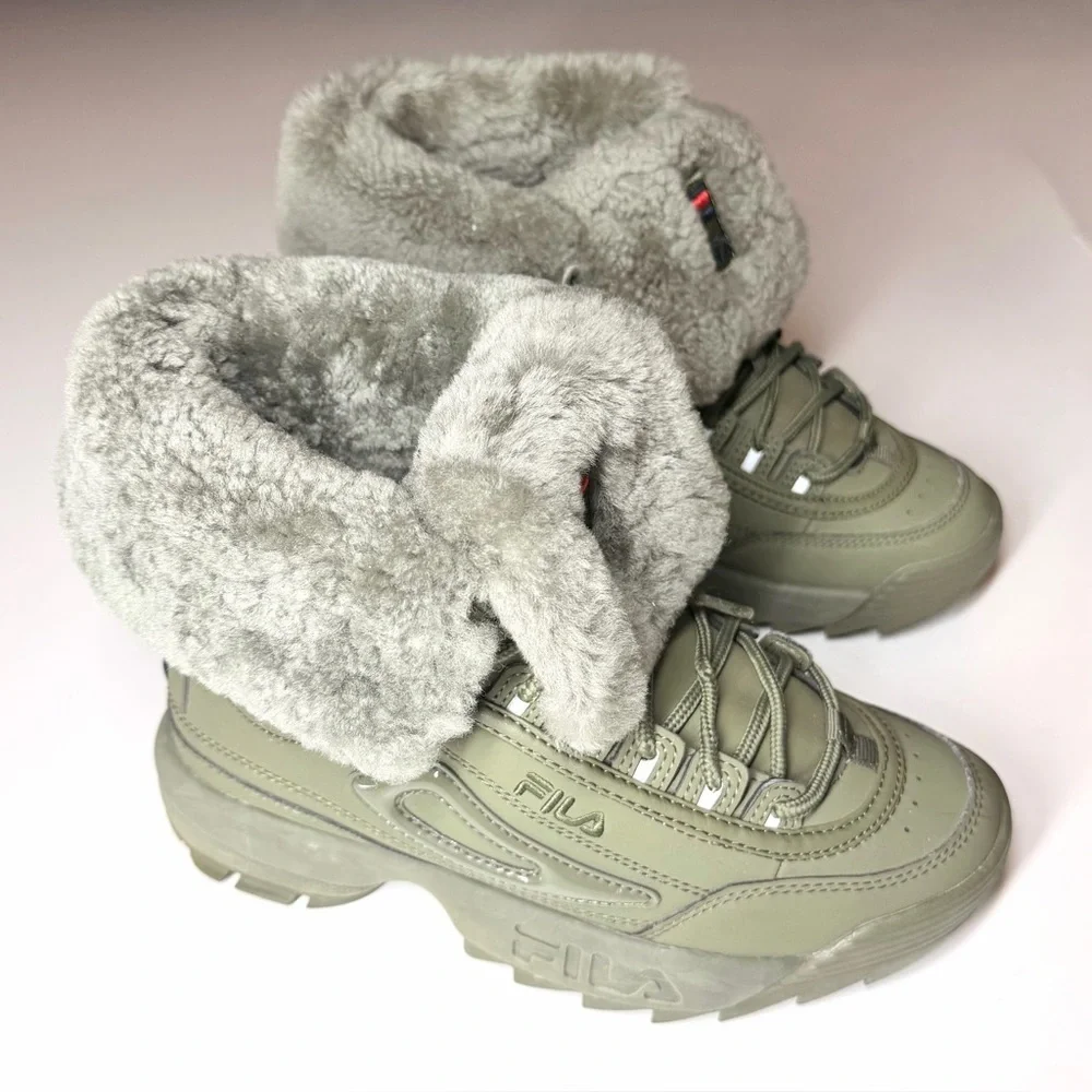 Fila Women’s Disruptor Shearling Mid Calf Lace Up Olive Green Boots Size- 6.5